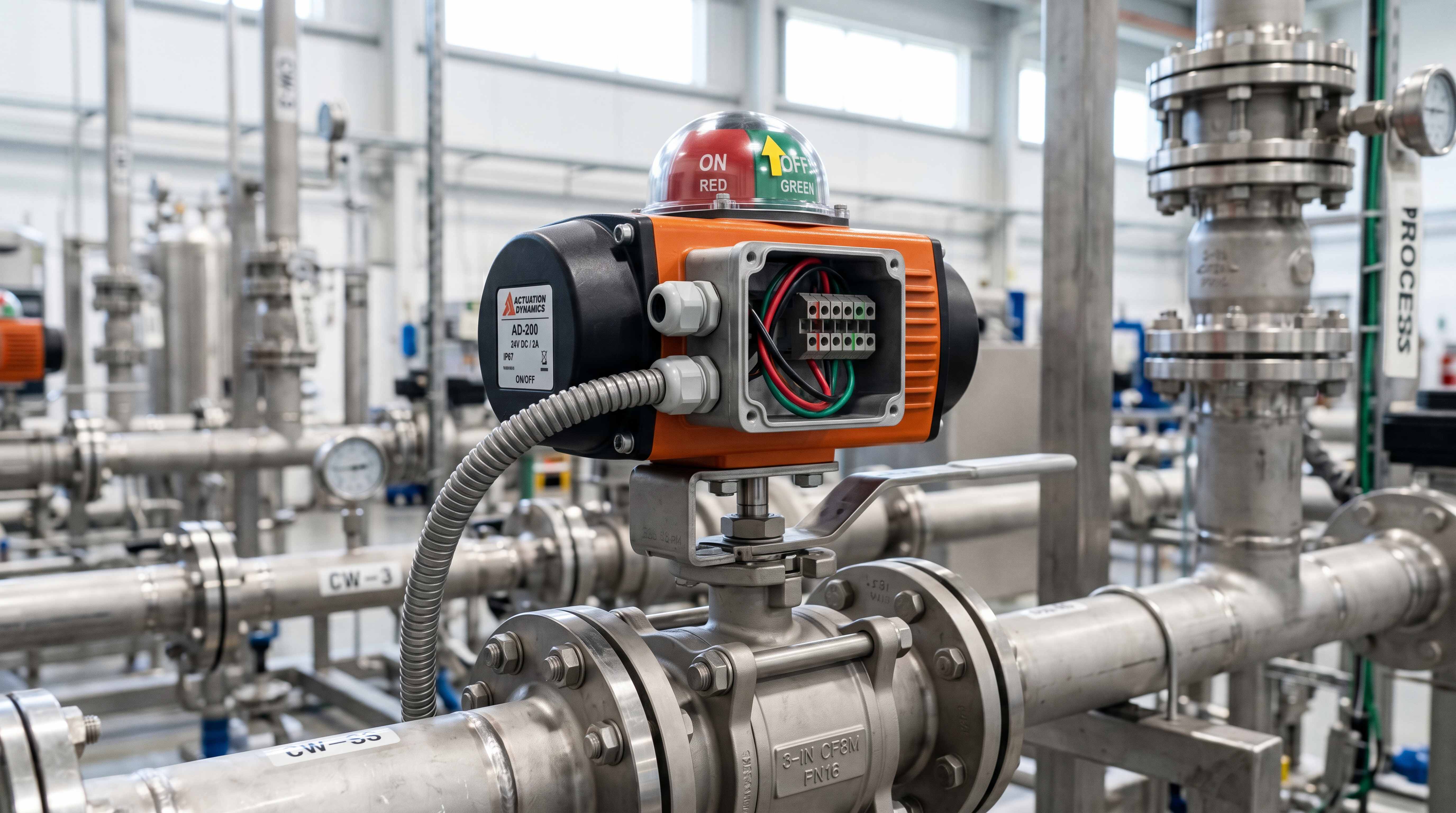 On off electric actuator with terminal wiring and open close position indicator on an industrial valve
